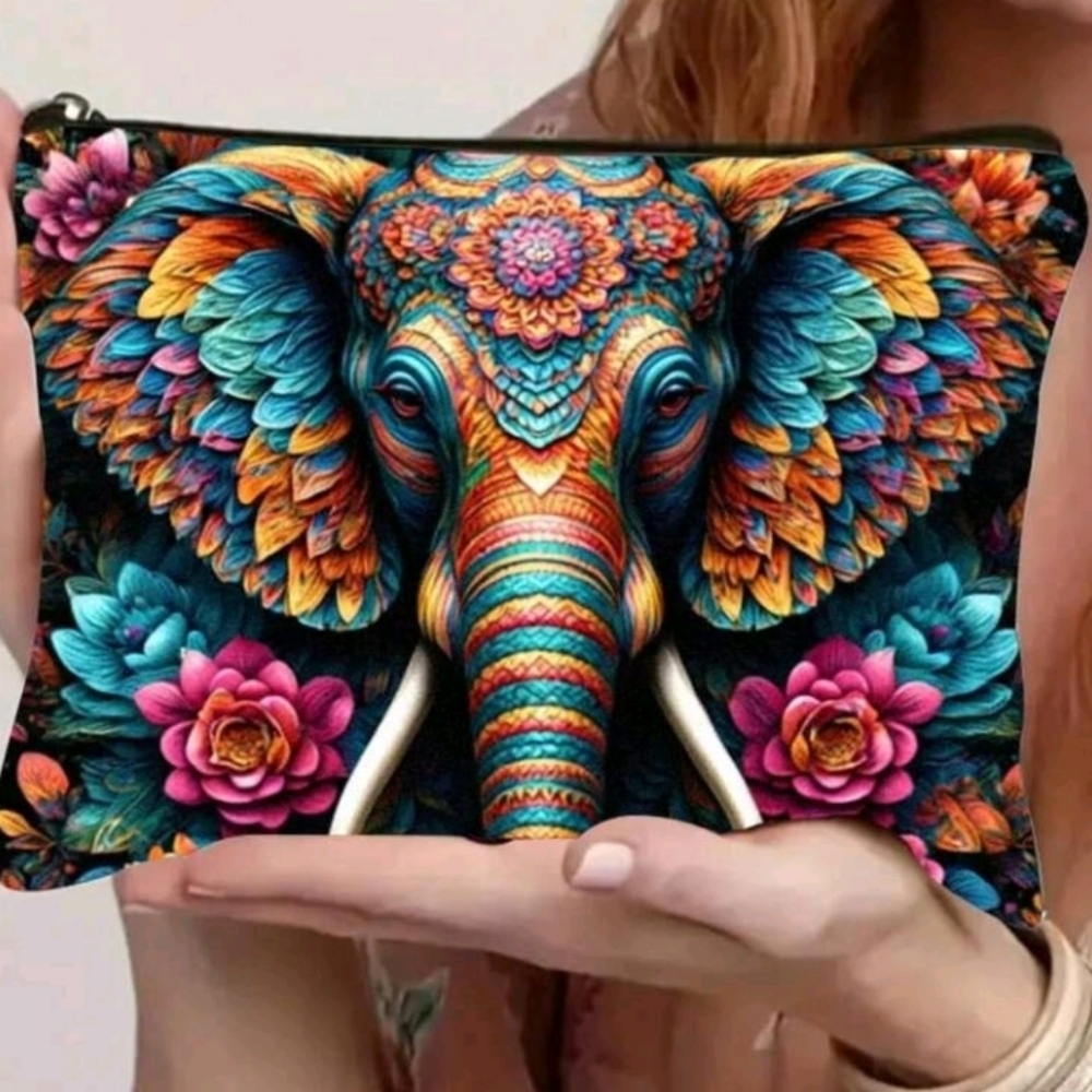 Boho Elephant Floral Print Zip Purse Bag